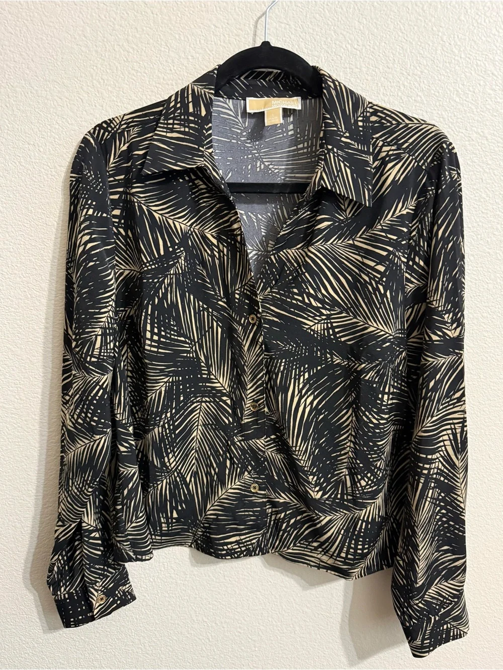 Michael Kors Woven Palm-Print Button Front Blouse - Black/Cream